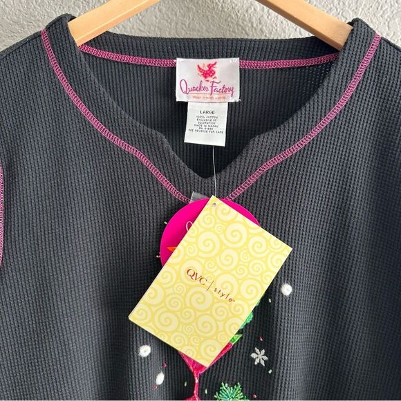 NWT Quacker Factory Martini Shirt Embellished Martini Waffle Knit VNeck Sz Large - Picture 6 of 7